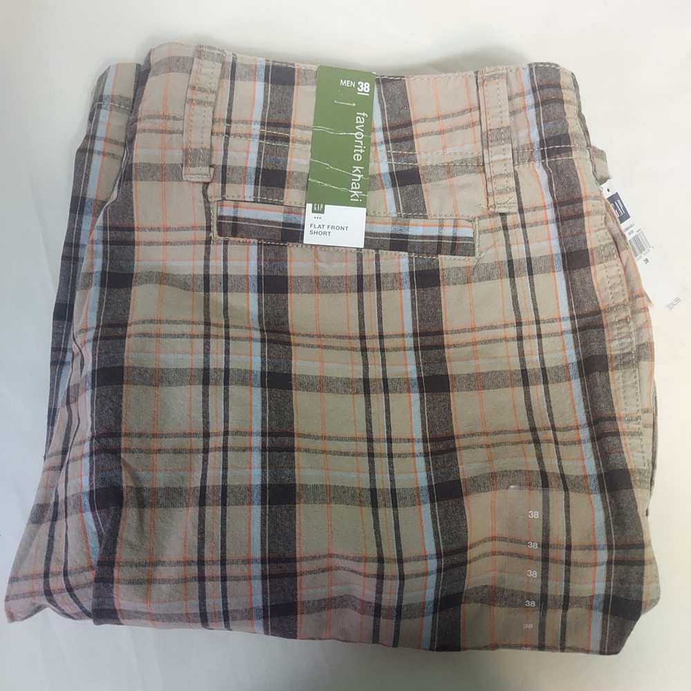 GAP Favorite Khaki‎ Flat Front Shorts Men's 38 Plaid Tan Brown Blue NWT